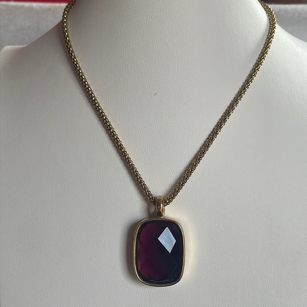 Vintage Avon gold tone purple glass pendant on a 16” chain